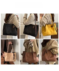 Detailed views of high-capacity suede bucket bags in multiple colors and styling options