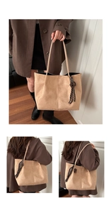 Three-angle view of a large camel suede tote bag styled with a long coat for commuting