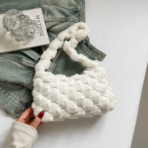 Women Plush Shoulder Bag Faux Fur Crossbody Handbag Bubble Texture Braided Soft Autumn Winter Casual Daily Purse