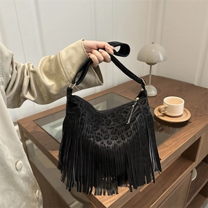 Leopard Print Tassel Hobo Shoulder Bag Large Capacity Suede PU Leather Bohemian Retro Crossbody Bag For Women