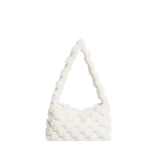 White faux fur hobo shoulder bag with textured honeycomb plush design and matching handle