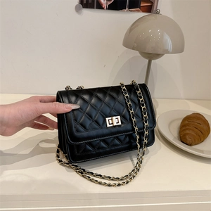 Crossbody Bag Quilted Rhombus PU Leather Metal Chain Strap Turn Lock Closure Elegant Fashion Square Handbag For Women