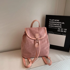 Chic rose pink frosted suede backpack for women featuring drawstring flap closure
