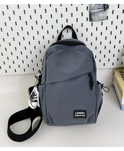 Détail d'un sac à dos gris en nylon avec un porte-clé basket et une étiquette de marque