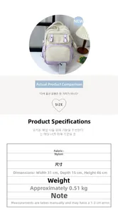 Detailed size parameters and specifications of the purple nylon school backpack