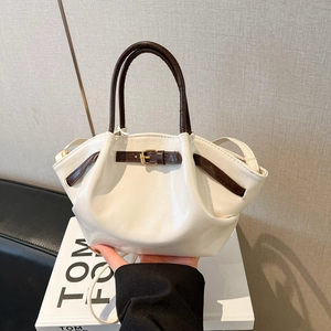 Creamy white pleated dumpling handbag with brown handles and stylish metal buckle detail