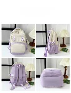 Detail shots of purple and cream multi-pocket backpack from four different angles