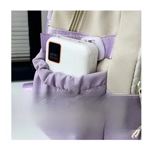 Detail of backpack side pocket with drawstring design and storage space for power bank