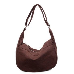 Large capacity dark brown canvas hobo bag with adjustable shoulder strap and silver zipper
