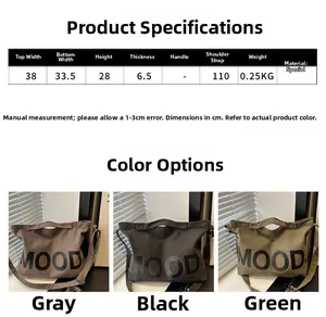 Size chart and dimensions for large canvas tote bag with MOOD logo in multiple colors