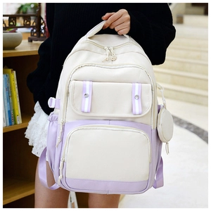 Detail view of the multi-pocket cream and purple backpack with decorative metal eyelets