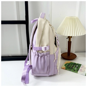 Close-up of light purple backpack with side pocket and adjustable shoulder straps