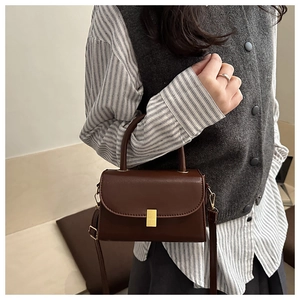 Close-up of vintage brown leather square bag with gold buckle and top handle details