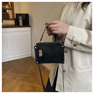 Close-up of elegant black handbag with golden metal twist-lock and fine leather texture