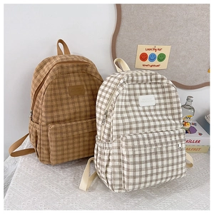 Detailed view of plaid pattern canvas backpacks with side pockets and zipper front pocket