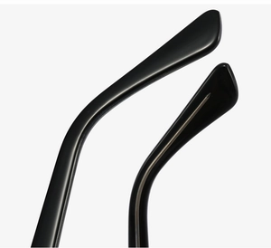 Detailed close-up of glossy black acetate eyeglass temples with reinforced metal core