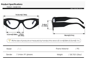 Detailed size chart and dimensions for the cat-eye frames with PC material specs