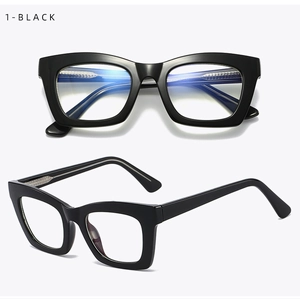 Front and 45-degree angle view of large square black acetate eyeglass frames with blue light lenses