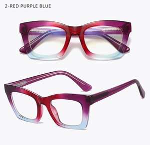 Cat eye glasses frame with red purple blue gradient and clear lenses detail view
