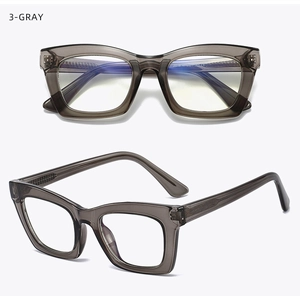 Front and 45-degree views of gray square frames with anti-blue light clear lenses