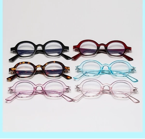 Detail view of colorful vintage semi-round sunglasses in multiple stylish frame colors