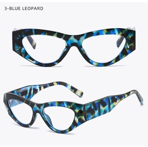 Detail view of bold blue leopard print cat-eye frames from multiple angles in high quality