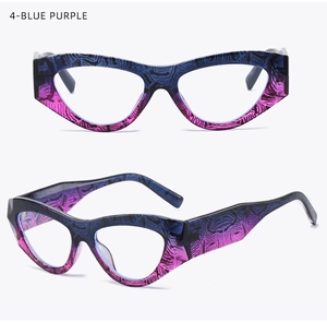 Detail view of cat eye glasses frames with blue-purple gradient and zebra patterns