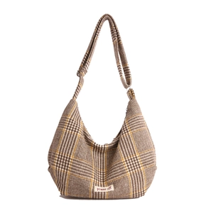 Vintage plaid tweed crescent crossbody bag with adjustable wide strap for women