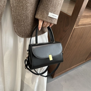 Classic black square crossbody bag with gold buckle and top handle for women