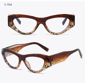 Detail of retro tea wood grain cat eye glasses frame with wide temple design