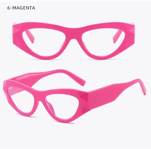 Detail view of bold magenta cat eye glasses frame with thick temples and stylish design