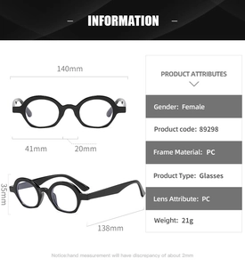 Detailed size chart of vintage semi-round sunglasses with PC frame measurements