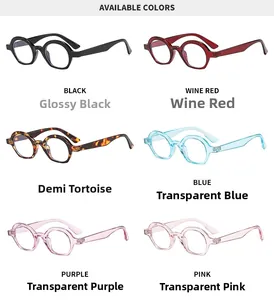 Detailed grid showing six stylish color variations of retro thick round frame sunglasses