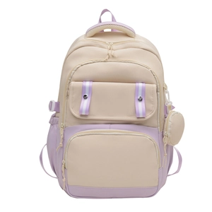 Multifunctional beige and purple nylon student backpack with mini coin purse accessory