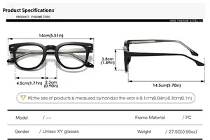 Detailed size chart for TR90 blue light glasses showing frame width and lens height
