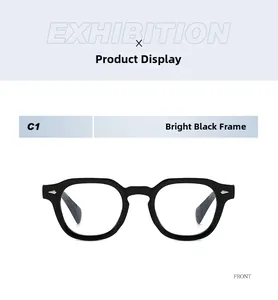 Front view of vintage Boston style glasses frame with bright black finish and metal rivets
