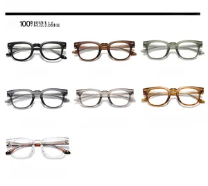 Seven TR90 eyewear frames displayed in black, tea, green, grey, and transparent colors