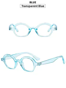 Detail view of transparent blue semi-round sunglasses frame in lightweight resin