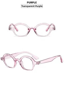Detail view of transparent purple semi-round sunglasses with a minimalist frame