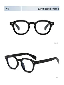 Front and 45-degree views of sand black eyeglass frames with silver metal rivets