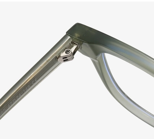 Detail view of durable metal hinge and CE mark on green transparent TR90 eyewear frame