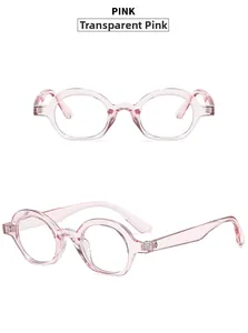 Detail view of transparent pink round frame sunglasses made of premium clear resin material