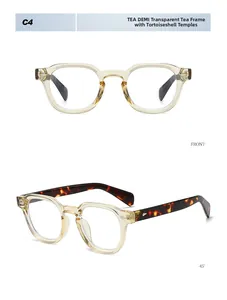 Detail view of tea demi frames with tortoiseshell temples and metal hinges