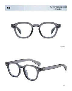 Detailed front and side views of transparent grey round glasses frames with anti-slip arms