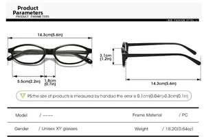 Detailed size specifications and measurements chart for oval frame glasses with PC material