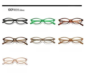 Selection of seven colorful oval glasses frames in black, green, leopard, and khaki tones