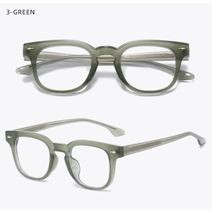 Detail of dark green TR90 glasses frame with silver arrow rivets and polished finish