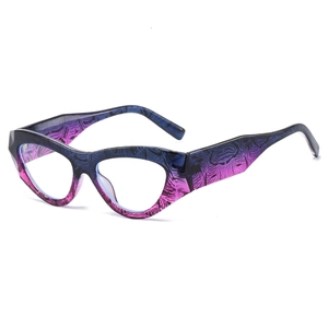 Fashionable cat-eye glasses frame with blue and purple gradient tiger pattern on white background