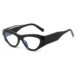 Fashionable black cat eye glasses with wide geometric frames and clear lenses