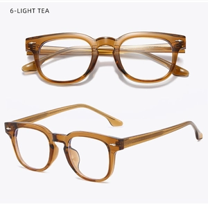 Detail view of light tea TR90 glasses frame with silver rivets and vintage square style